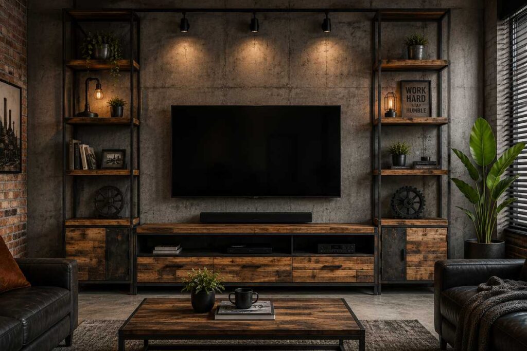 Industrial style TV unit design with reclaimed wood shelves, black metal frame, concrete accent wall, open storage cabinets, and modern urban living room interior.