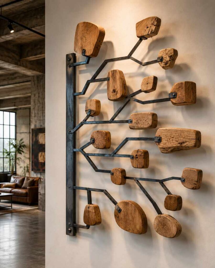 Large contemporary wall sculpture featuring reclaimed oak wood forms mounted on a branching blackened steel armature, creating an abstract organic composition. Warm gallery lighting highlights the wood grain, metal textures, and layered shadows against a smooth white wall in a modern industrial loft interior.