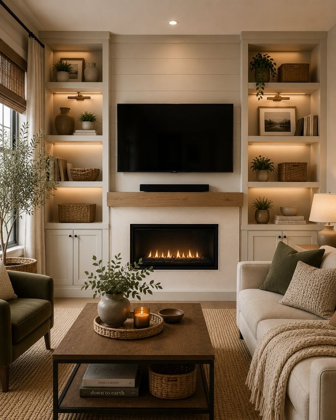 Warm modern living room with custom built-in shelving around a wall-mounted TV and fireplace, featuring soft ambient lighting, woven baskets, neutral furniture, natural wood accents, and cozy layered textures