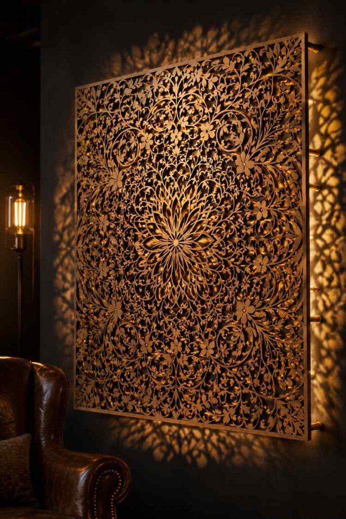 Handcrafted basswood fretwork wall panel featuring an intricate botanical mandala design, mounted on brass standoffs and backlit with warm amber lighting that casts detailed decorative shadows onto a dark charcoal wall in a cozy study.