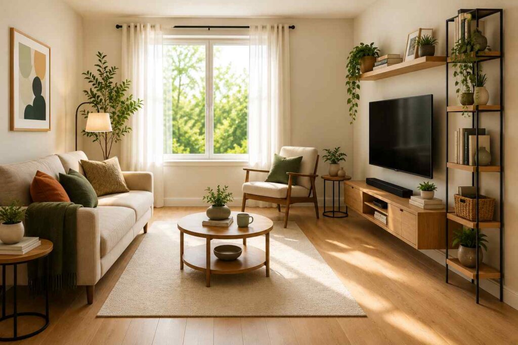 Bright, modern living room with a beige sofa, wooden furniture, indoor plants, a wall-mounted TV, and large sunlit windows with sheer curtains.