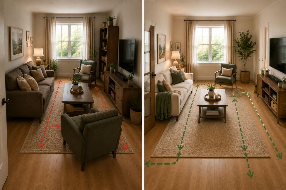 Side-by-side comparison of a small living room before and after furniture rearrangement, showing improved walking flow, open pathways, balanced furniture placement, and a brighter, more spacious atmosphere with warm neutral decor.