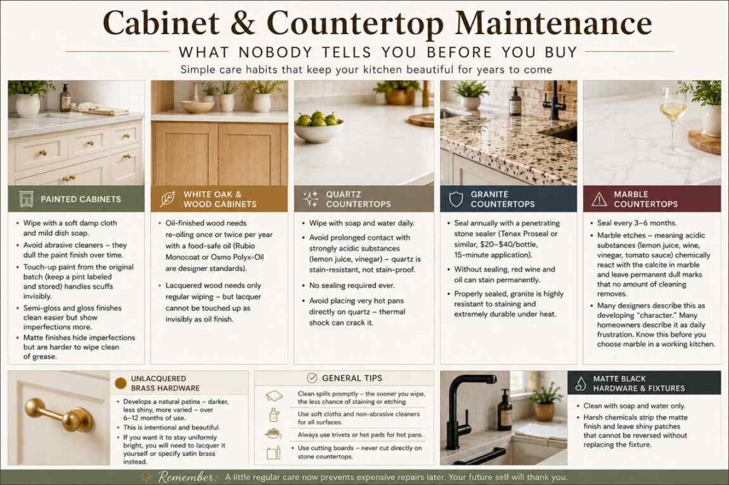 An elegant kitchen maintenance infographic showing care tips for painted cabinets, wood cabinets, quartz, granite, marble countertops, brass hardware, and matte black fixtures with clean modern visuals.