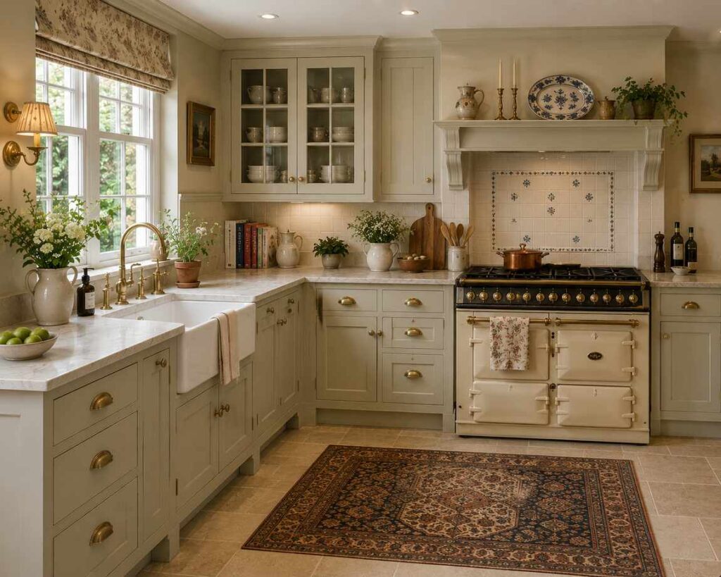 A highly realistic L-shaped English country kitchen featuring cream and soft sage inset cabinetry with brass hardware, a deep Belfast sink, honed marble countertops, and a traditional cream range cooker. The kitchen includes glass-front upper cabinets, warm ambient lighting, vintage-style decor, floral accents, open shelving, and a patterned rug, creating a cozy collected farmhouse atmosphere.