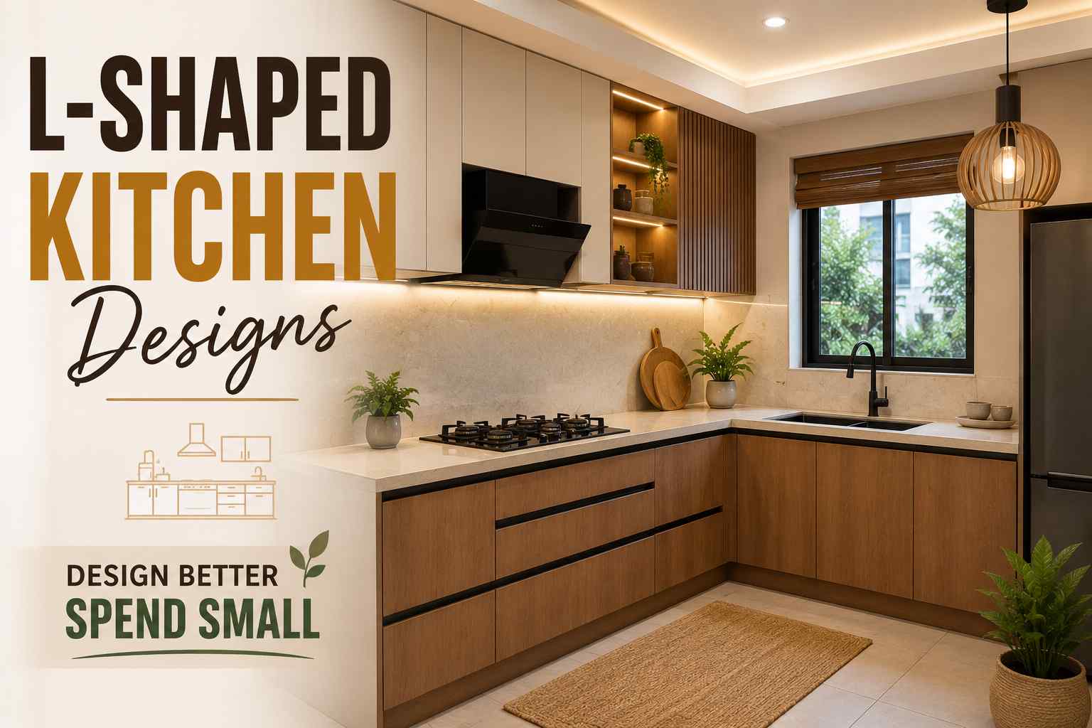 Modern L-shaped kitchen design with warm wood cabinets, beige countertops, ambient LED lighting, black fixtures, and minimalist decor. Contemporary modular kitchen interior featuring sleek cabinetry, marble backsplash, indoor plants, and stylish typography reading “L-Shaped Kitchen Designs” and “Design Better Spend Small.