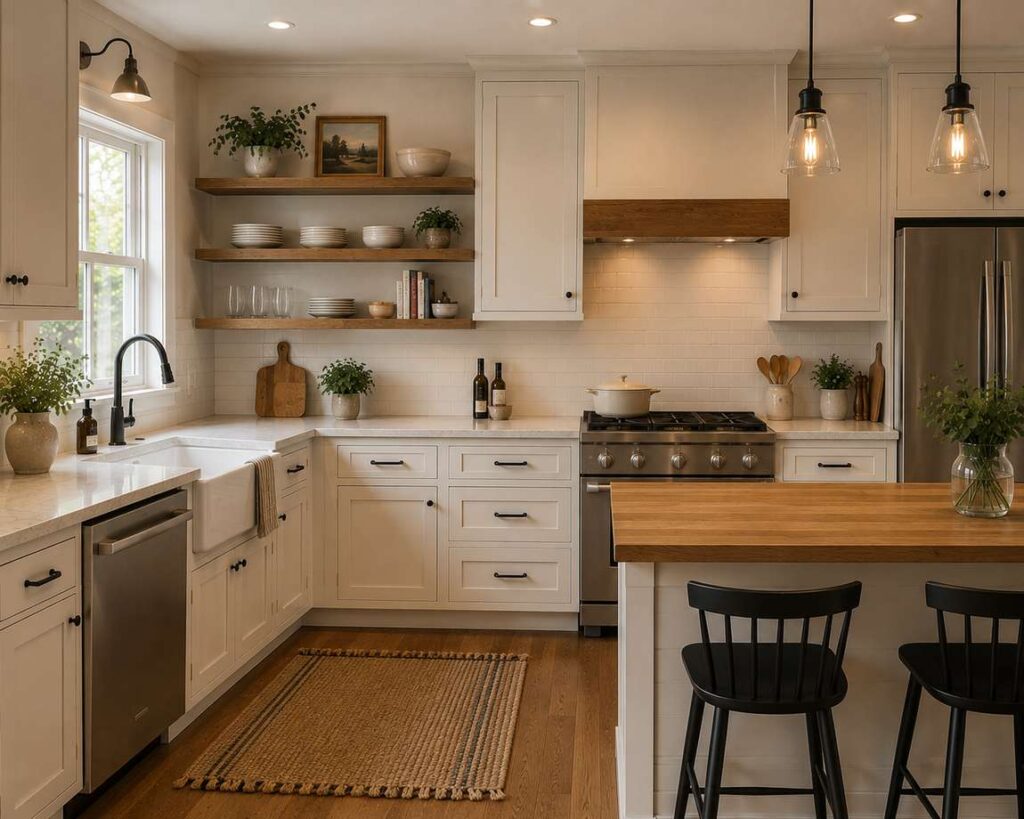 An L-shaped modern farmhouse kitchen with white Shaker cabinets, floating wood shelves, white countertops, a farmhouse sink, black hardware, warm wood accents, and curated open shelving with dishes, plants, and cookbooks.