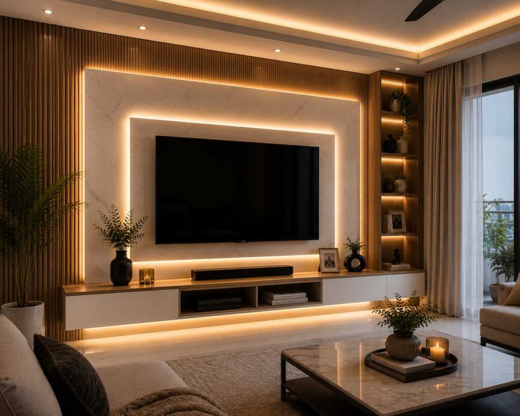 Modern LED backlit TV unit design with floating entertainment cabinet, warm ambient lighting, wooden slat wall panels, marble TV backdrop, and luxury contemporary living room interior.