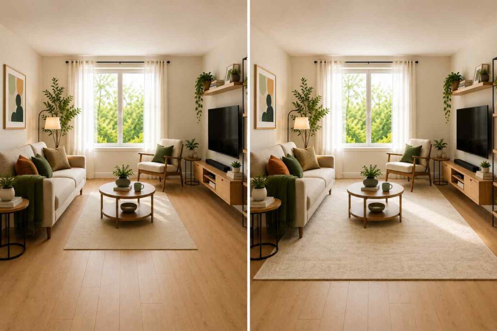 Side-by-side comparison of a modern living room showing a small rug on the left and a larger area rug on the right, illustrating how a bigger rug creates a more cohesive and spacious feel.