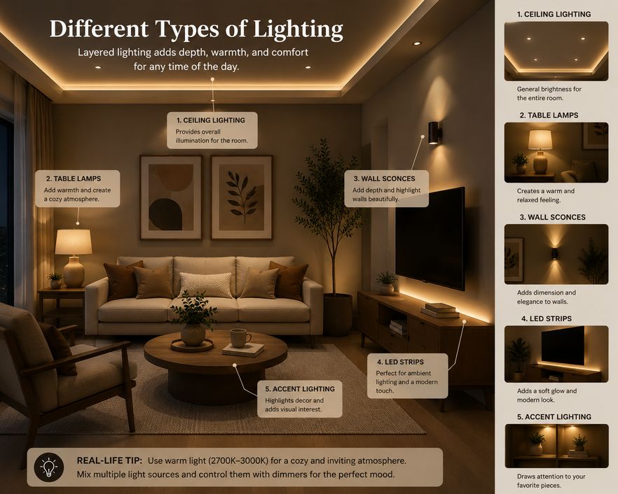 Modern living room with layered lighting including recessed ceiling lights, table lamps, wall sconces, LED strip lighting, and accent lights creating a warm, cozy, and inviting atmosphere.