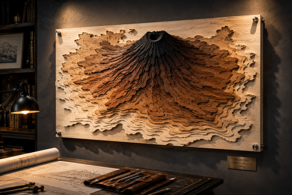 Three-dimensional wooden topographic map of Mount Fuji crafted from layered contour-cut wood in graduated natural tones, mounted on a dark wall with gallery lighting that highlights the relief depth and intricate terrain details in a contemporary study.