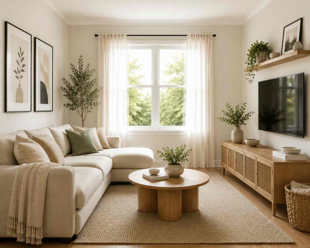 Modern small living room decor with beige sectional sofa, black slim metal frames, wooden furniture, soft neutral tones, and natural light creating a bright airy space.