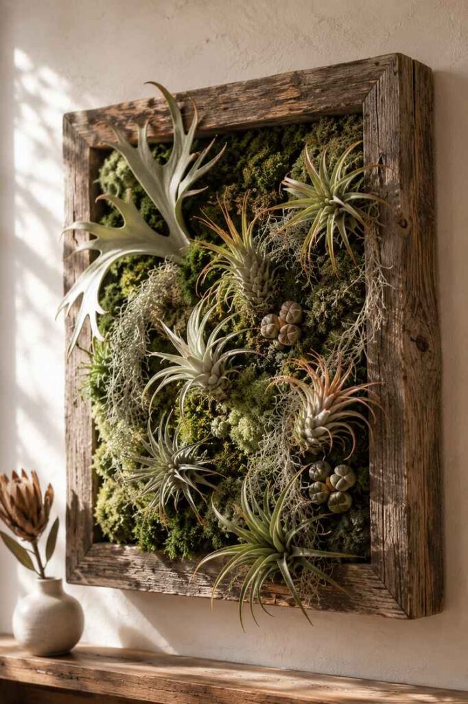 Framed living wall art featuring preserved moss, air plants, Spanish moss, and succulent accents arranged inside a reclaimed wood shadow box, mounted on a textured plaster wall above a minimalist shelf in a modern organic interior.