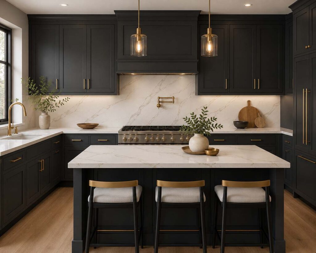 A highly realistic modern kitchen featuring matte charcoal gray cabinets with satin brass hardware, white Calacatta quartz countertops, and a matching full-height quartz slab backsplash with soft gold veining. The design includes a large waterfall island, brass pendant lighting, warm wood flooring, integrated under-cabinet lighting, and fully closed cabinetry for a sleek, dramatic, high-end contemporary look.