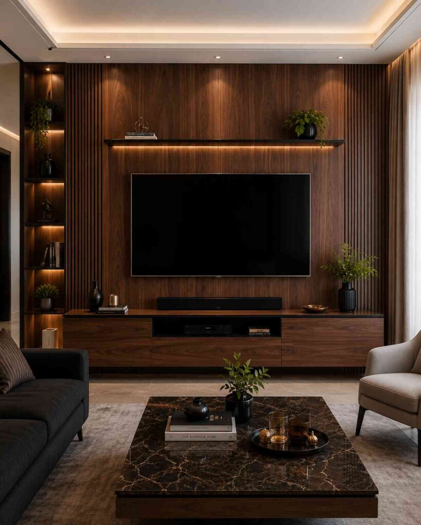 Luxury veneer TV unit design with walnut wood paneling, floating media console, ambient LED lighting, modern slatted entertainment wall, and elegant contemporary living room interior.