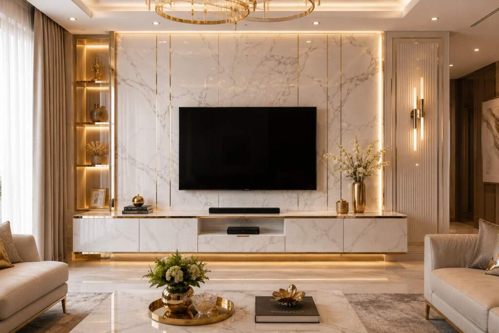 Luxury marble finish TV unit design with white marble entertainment wall, gold accents, ambient LED lighting, floating TV cabinet, and modern living room interior decor.