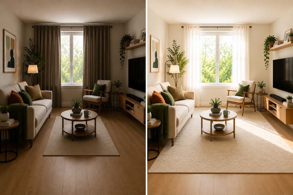 Side-by-side comparison of a cozy living room with heavy dark curtains and dim lighting on the left, and sheer curtains with bright natural sunlight on the right, showing how natural light makes the space feel larger and more open.