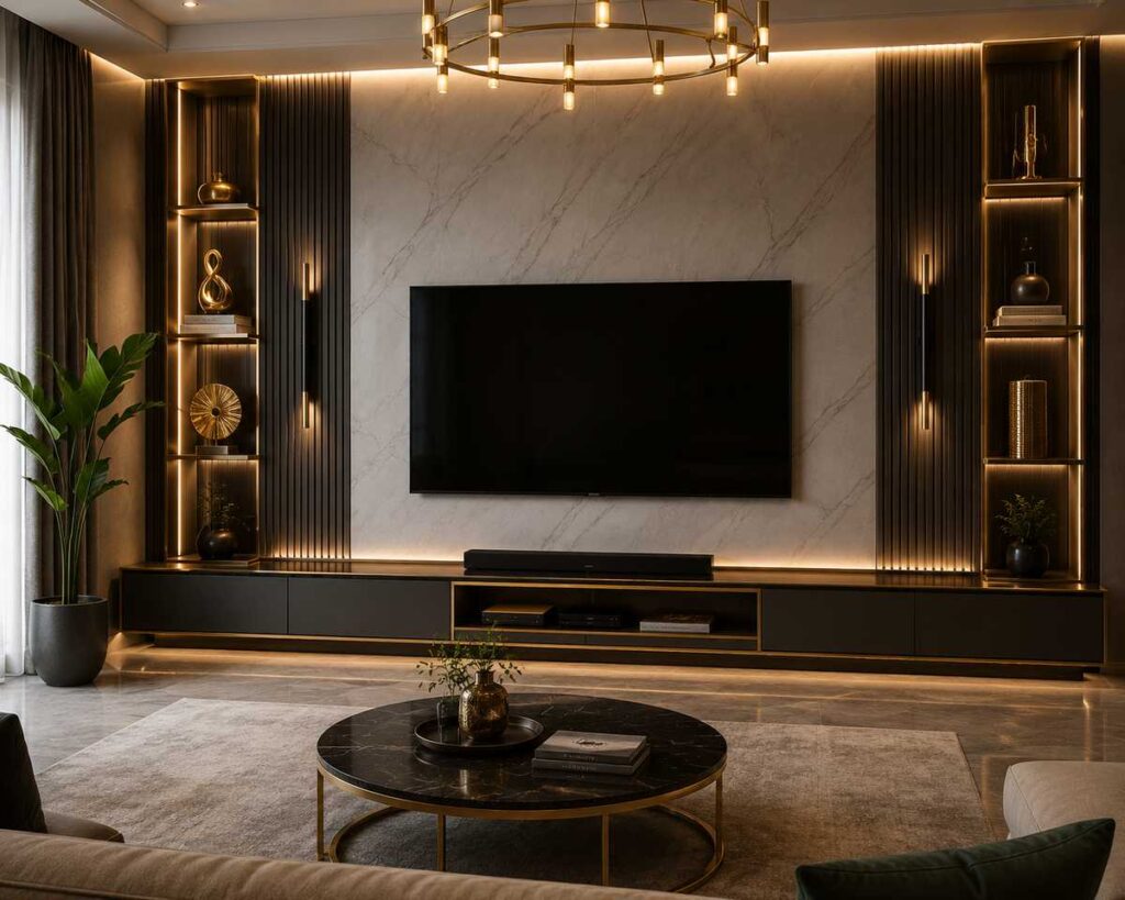 Luxury metallic accent TV unit design with black marble entertainment wall, gold detailing, ambient LED lighting, floating media console, and modern contemporary living room interior.