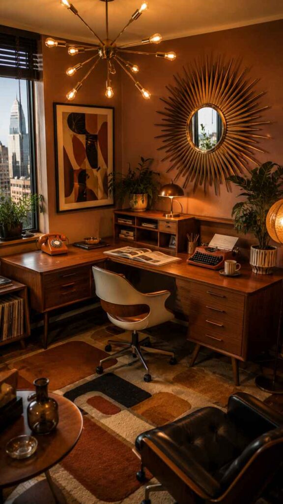 A cozy mid-century modern home office with warm amber lighting, walnut wood furniture, and retro décor. The workspace features an L-shaped wooden desk, a vintage typewriter, rotary phone, abstract wall art, and a sunburst mirror. A modern chandelier with exposed bulbs hangs above, while a city skyline view through the window adds an urban touch to the stylish and nostalgic workspace.
