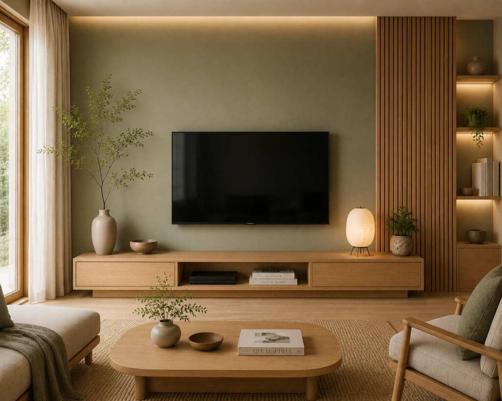 Minimal Japandi TV unit design with sage green wall, natural wood floating TV console, oak slat paneling, warm ambient lighting, and serene Scandinavian Japanese living room interior.