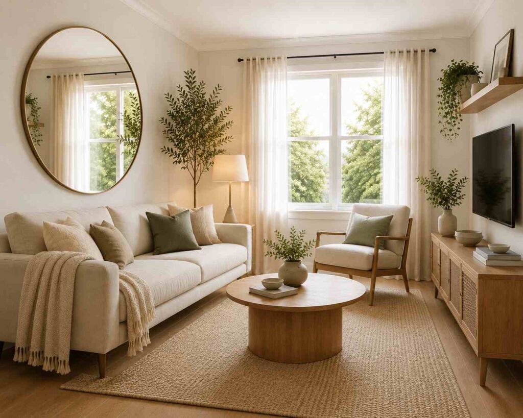 Modern small living room with large round mirror reflecting natural light, neutral beige sofa, wooden furniture, cozy decor, and airy Scandinavian-style interior design.
