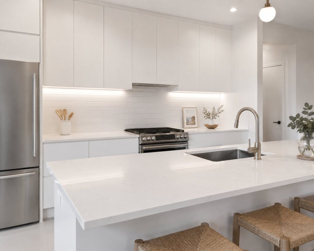A realistic all-white minimalist kitchen with flat-panel handleless cabinets, white quartz countertops, and a white subway tile backsplash. The space features a large waterfall-edge island with an integrated sink, woven bar stools, stainless steel appliances, warm under-cabinet LED lighting, and soft natural light creating a clean, modern, and spacious atmosphere.