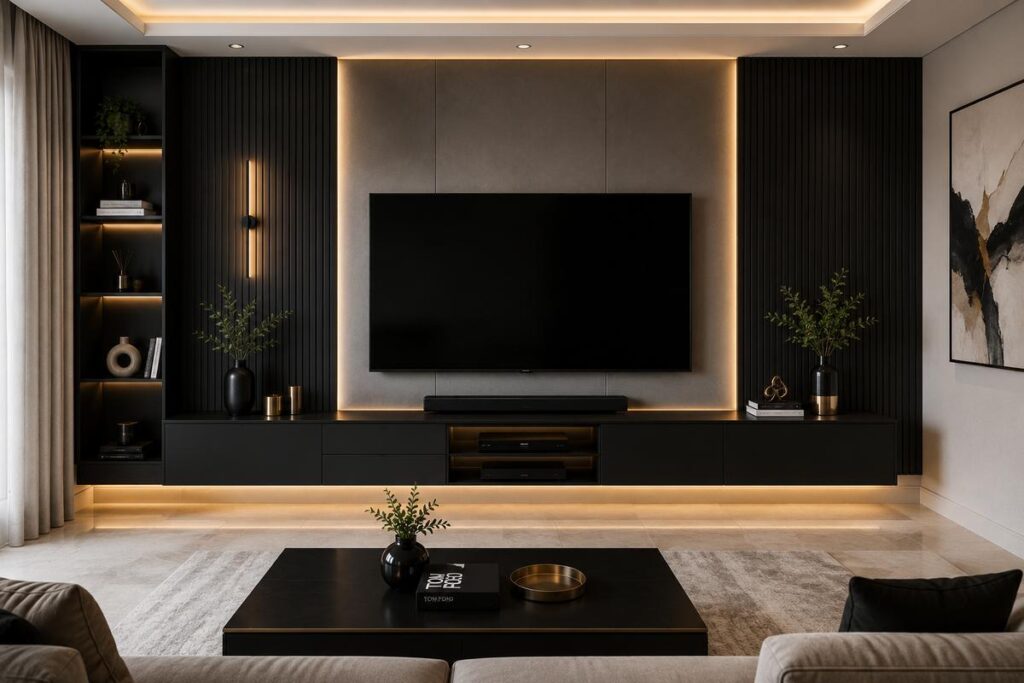 Modern black TV unit design with matte black floating cabinet, hidden LED lighting, metallic accents, wall-mounted entertainment panel, and luxury contemporary living room interior.