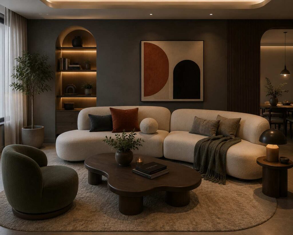 Elegant modern living room with a curved cream sectional sofa, dark wood coffee table, warm ambient lighting, textured decor, earth-tone accents, and minimalist contemporary styling.