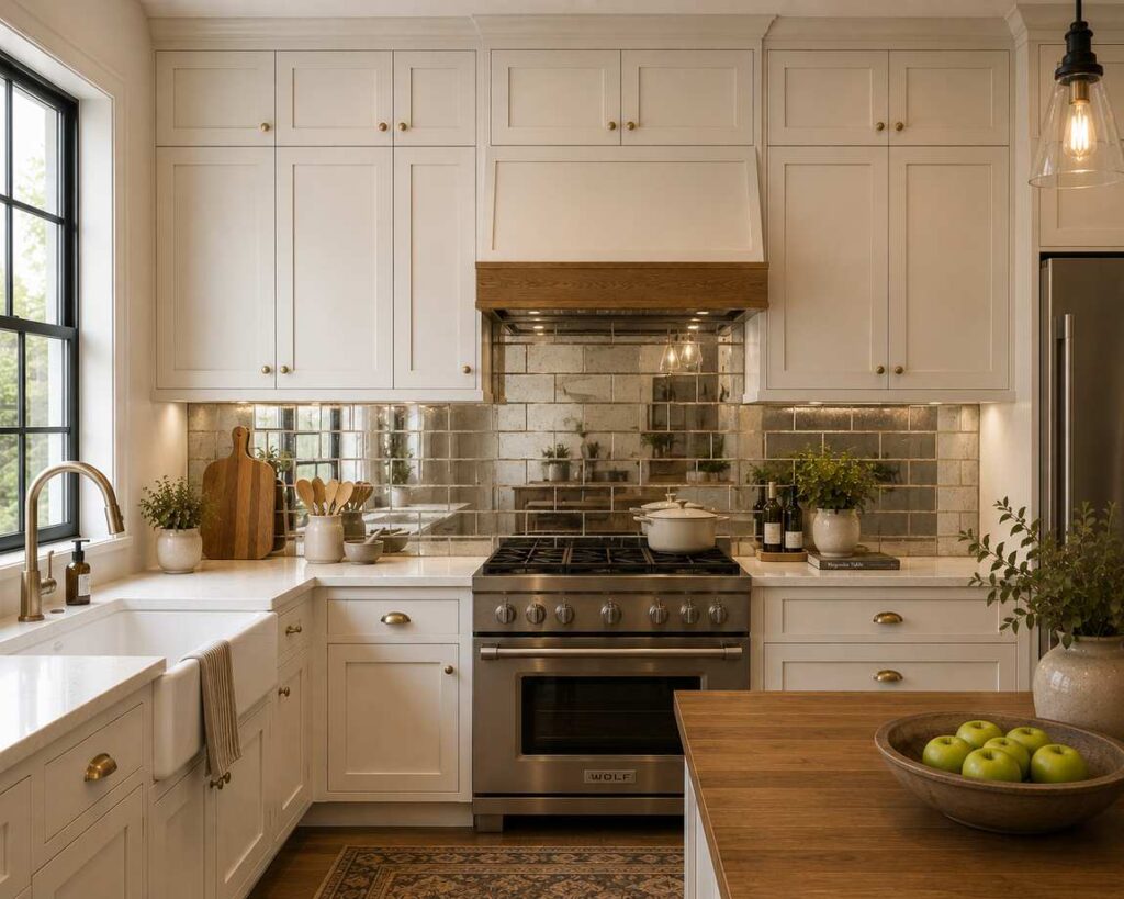 A bright modern farmhouse kitchen with cream cabinets, reflective glass tile backsplash, brass hardware, marble countertops, a farmhouse sink, and warm wood accents.