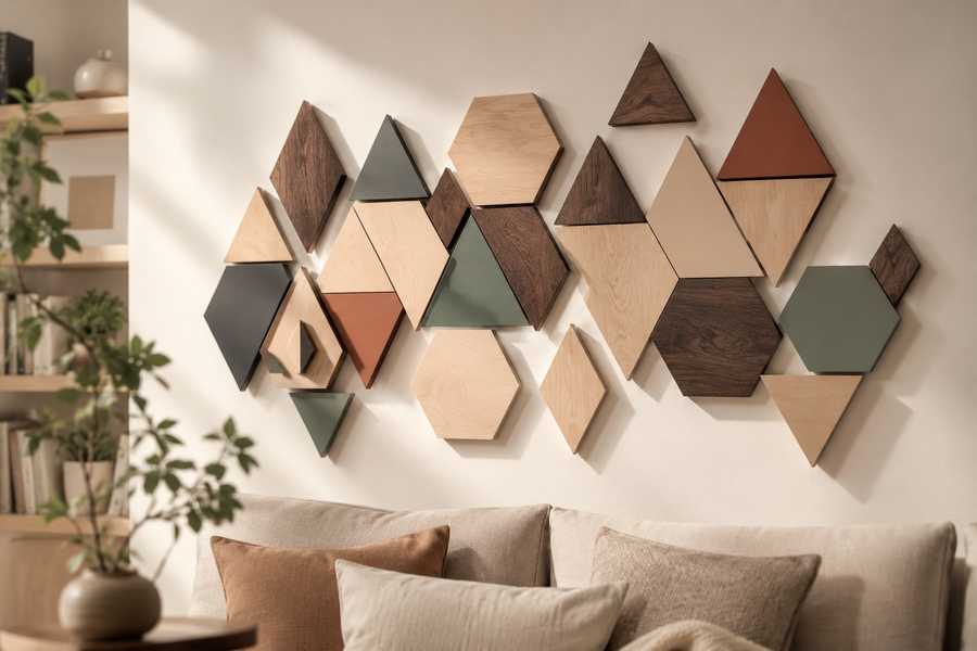 Asymmetrical gallery wall featuring geometric wooden shapes in birch, walnut, sage green, terracotta, and slate grey tones, arranged above a linen sofa in a modern Scandinavian living room with soft natural lighting.