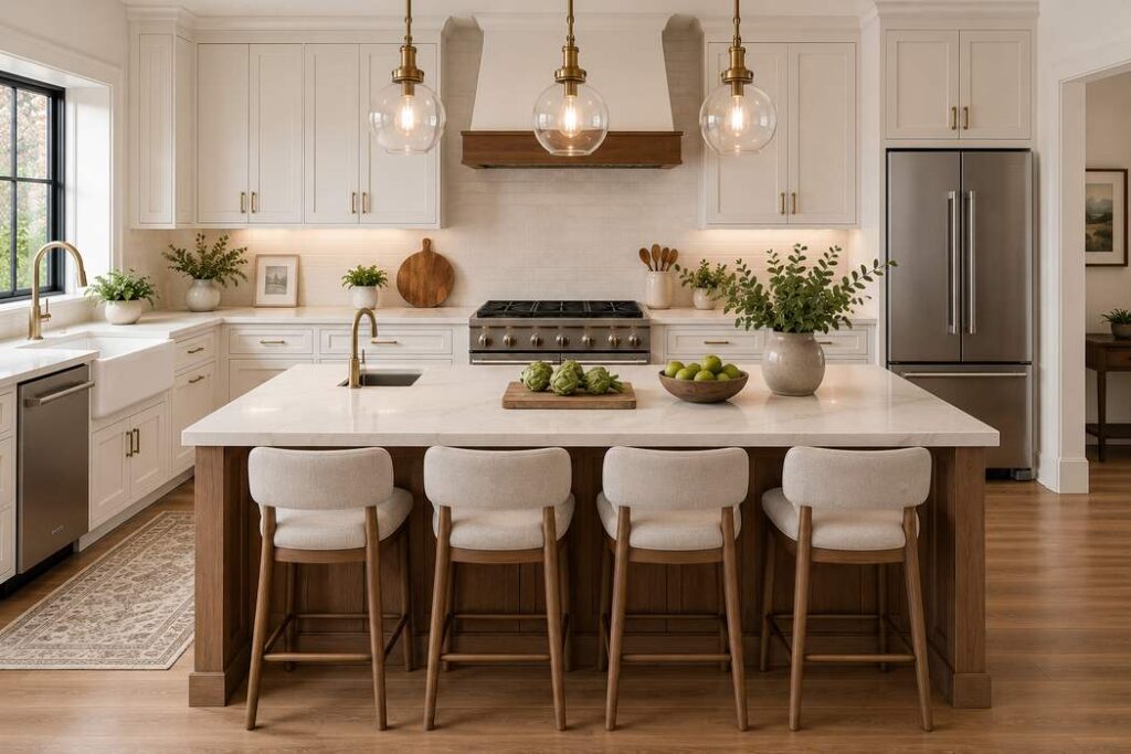 A bright modern farmhouse kitchen with a large island, built-in prep sink, brass fixtures, white cabinetry, and warm wood accents.
