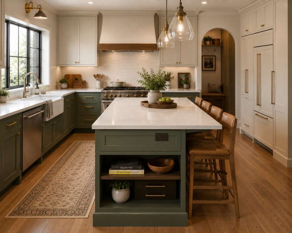 A modern farmhouse kitchen with a large rectangular island, sage green lower cabinets, white countertops, brass hardware, bar seating, and warm wood flooring.