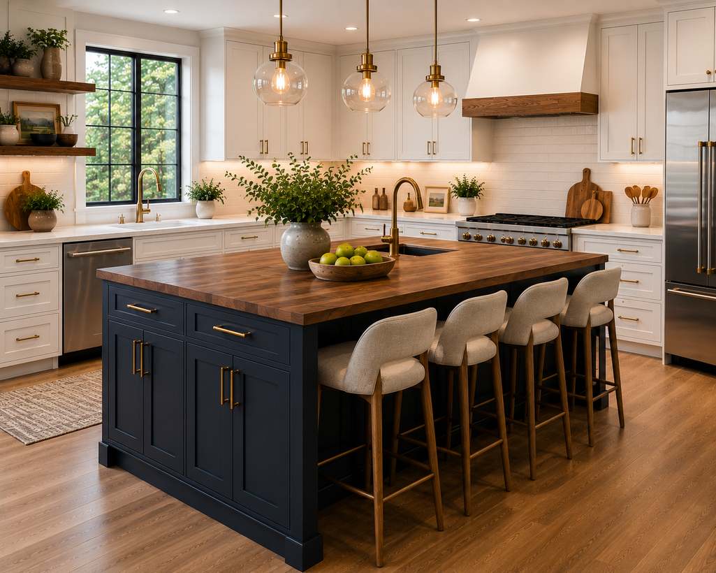 A bright modern kitchen with white cabinetry, a navy island with wood countertop, brass lighting, bar seating, and warm wood flooring.