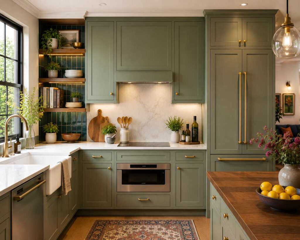 A modern kitchen with sage green cabinetry, integrated panel-ready appliances, brass hardware, marble-style countertops, open wood shelving, and warm natural lighting.