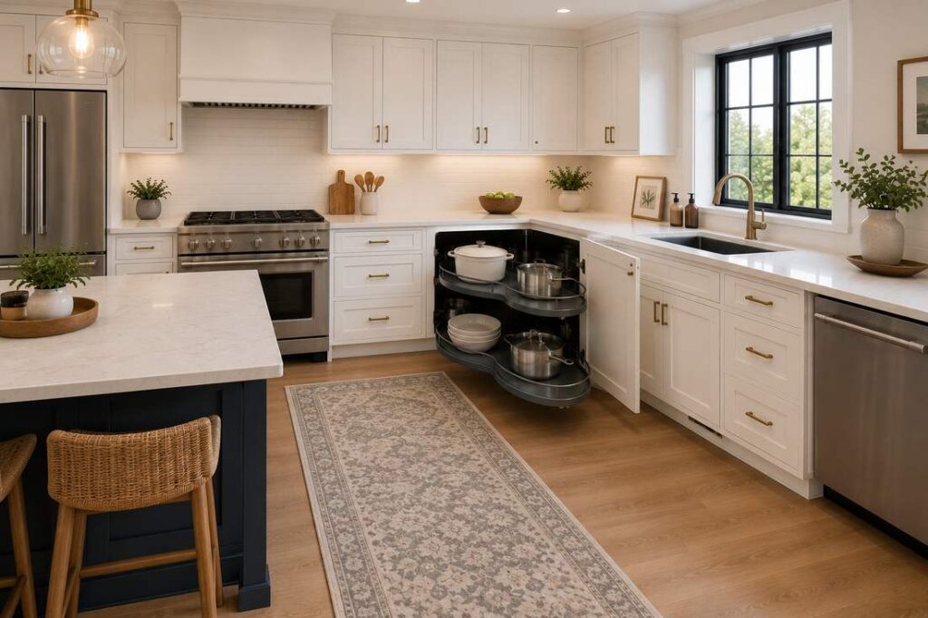 A bright modern kitchen with white shaker cabinets, a pull-out corner storage system, quartz countertops, stainless appliances, and warm wood accents.