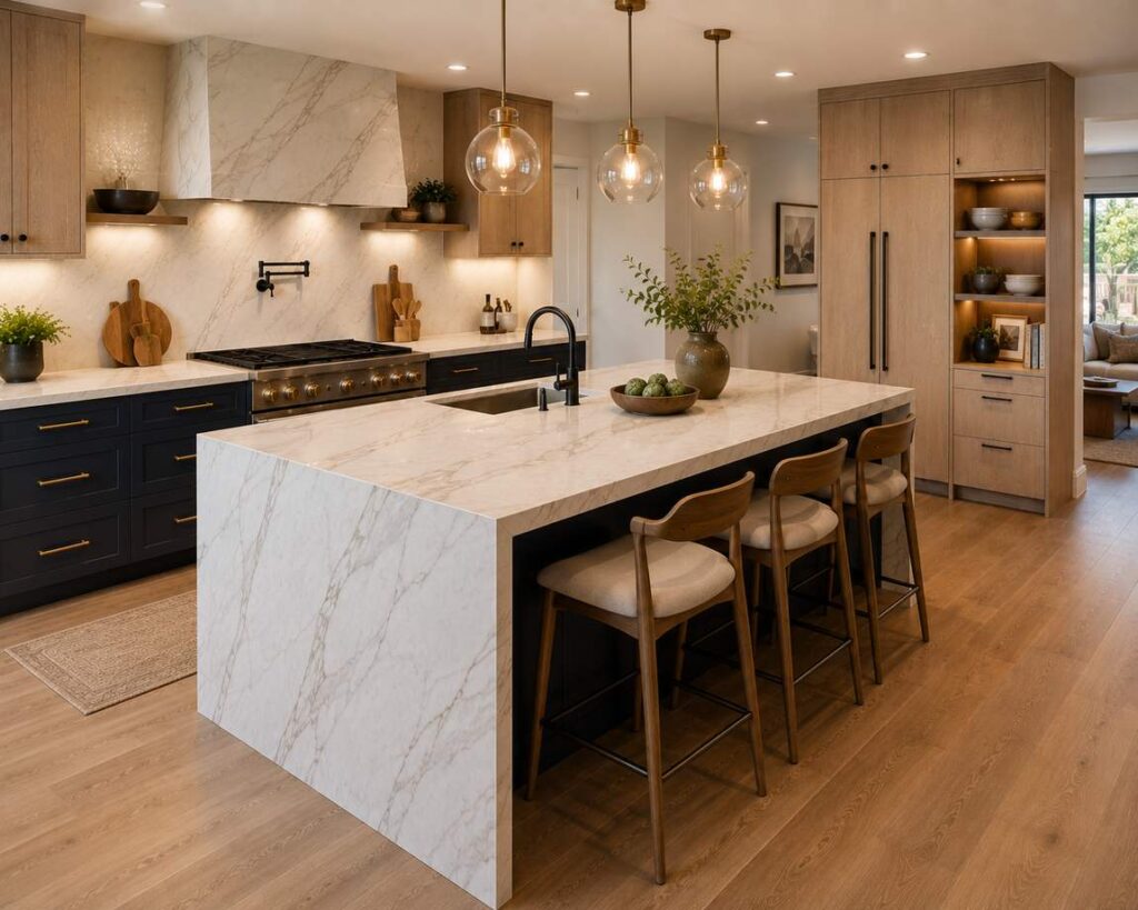 A luxury modern kitchen with a marble waterfall island, dark lower cabinets, warm wood cabinetry, brass pendant lights, and bar seating.