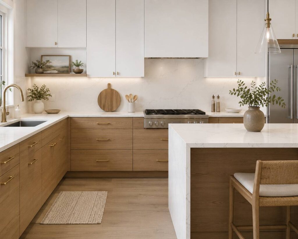 A highly realistic modern kitchen featuring white upper cabinets paired with warm white oak lower cabinets and a matching wood-tone island. The space includes warm white quartz countertops, horizontal wood grain cabinetry, brushed brass hardware, under-cabinet lighting, and natural light streaming through a nearby window, creating a clean yet inviting contemporary design.