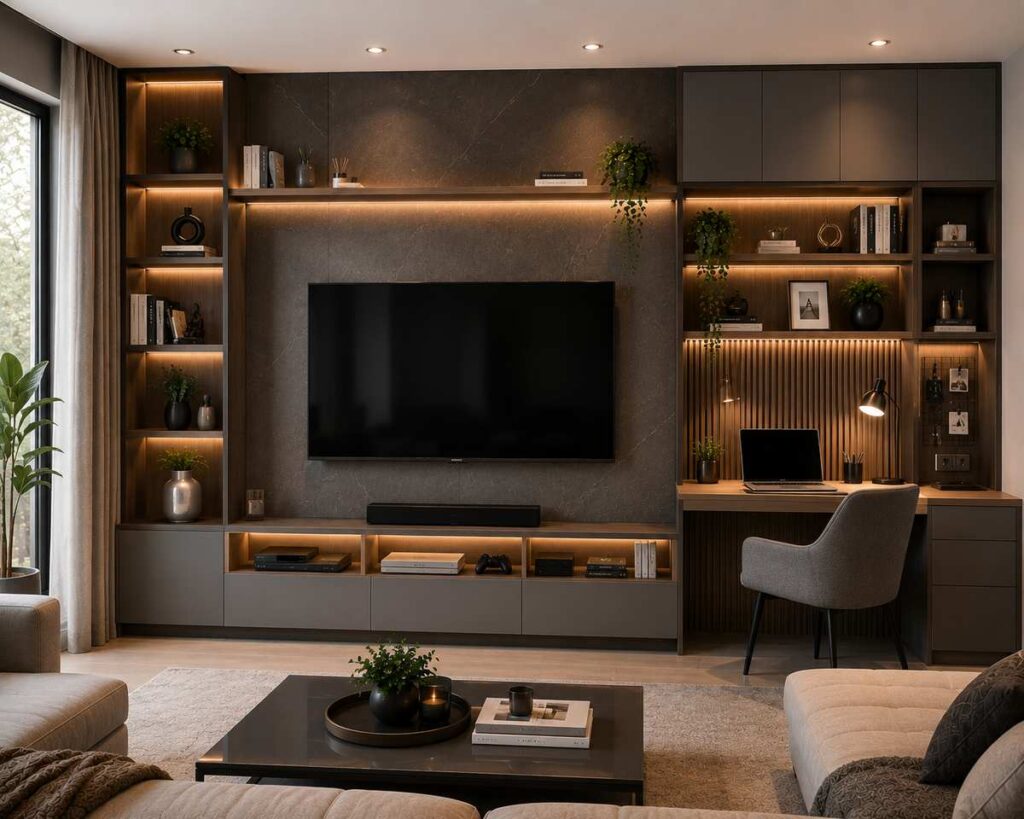 Multi-functional storage TV unit design with integrated study desk, floating entertainment cabinet, open shelving, hidden storage drawers, warm LED lighting, and modern luxury living room interior.