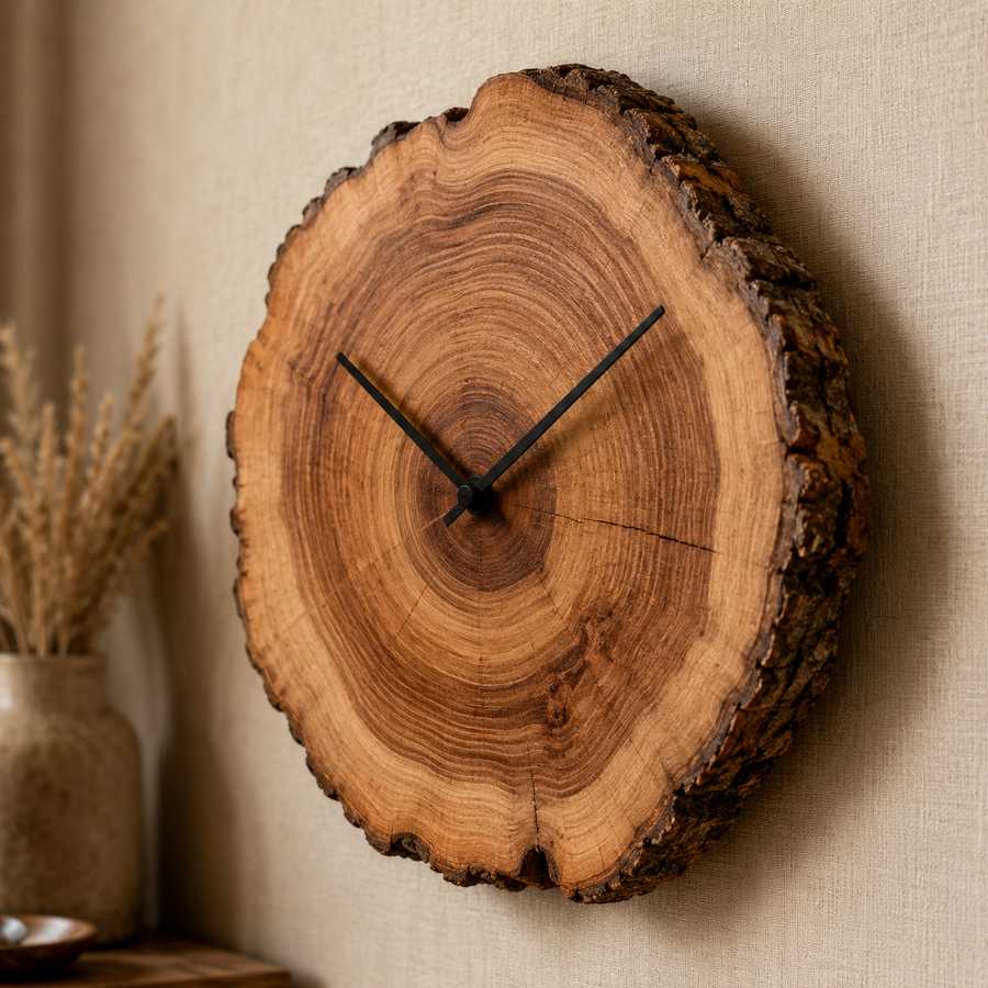 Handcrafted wood slice wall clock made from a natural hardwood log cross-section, featuring visible growth rings, bark edges, and minimalist black clock hands, mounted on a warm neutral textured wall with soft ambient lighting.