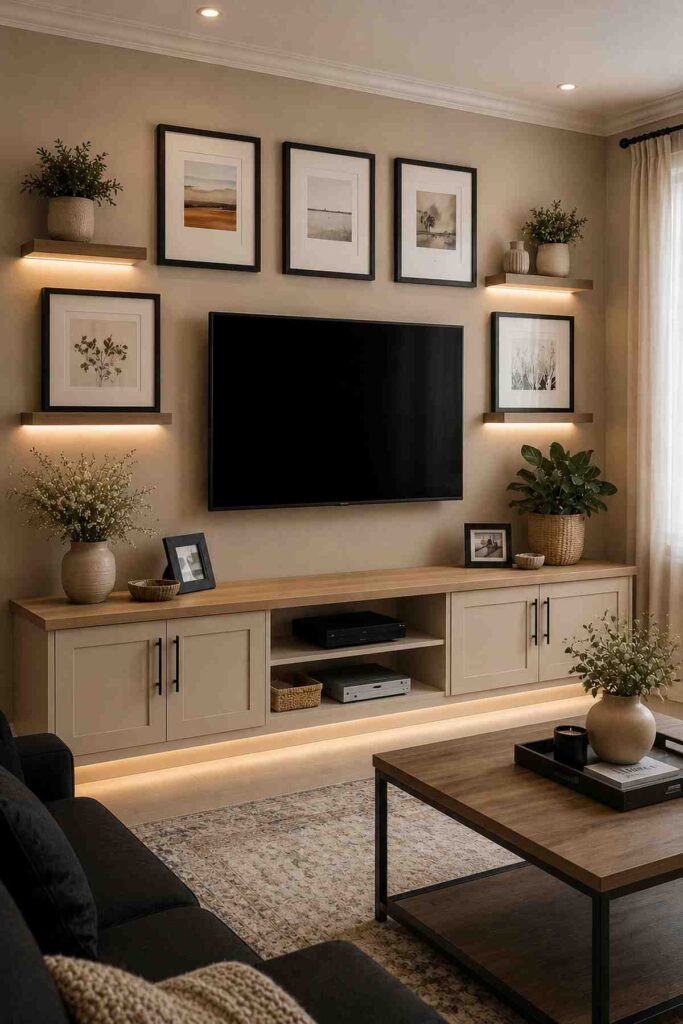 Neutral beige TV unit design with warm LED lighting, black framed wall art, modern floating entertainment cabinet, black sofa, wooden coffee table, and elegant contemporary living room interior.