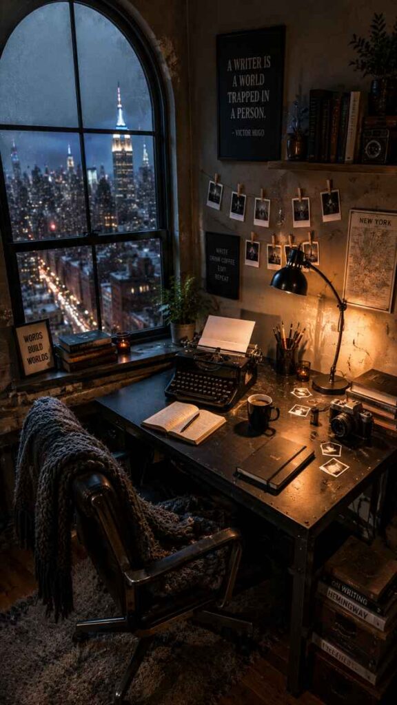 A moody writer’s workspace in a cozy urban loft, featuring a vintage typewriter, black desk, warm desk lamp, and scattered notebooks and photographs. Large arched windows reveal a rainy nighttime city skyline with glowing lights, while books, framed quotes, and a camera add a creative, nostalgic atmosphere. A dark leather chair with a knitted throw blanket and warm amber lighting create an intimate, cinematic setting for writing and reflection.