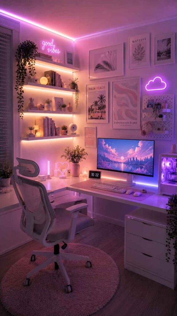 A modern pastel gaming and workspace setup illuminated with pink and purple neon lighting. The room features a white desk, ergonomic mesh chair, widescreen monitor displaying a dreamy sunset cityscape, and a glowing PC tower with purple LED fans. Floating shelves filled with books, plants, candles, and decorative items surround the space, while neon wall signs and soft ambient lighting create a cozy, futuristic aesthetic.
