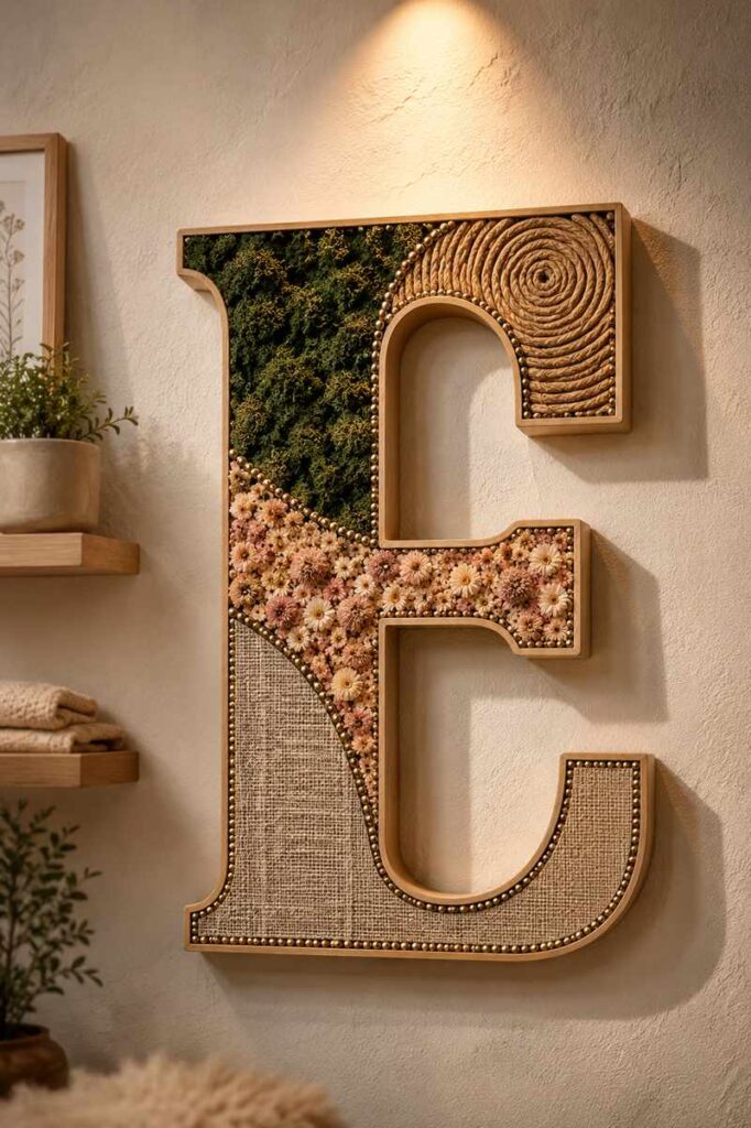 Large decorative wooden letter E mounted on a textured wall, featuring sections of preserved moss, coiled jute rope, dried flowers, and woven linen fabric separated by brass trim, illuminated by warm overhead lighting in a modern nursery or living space.