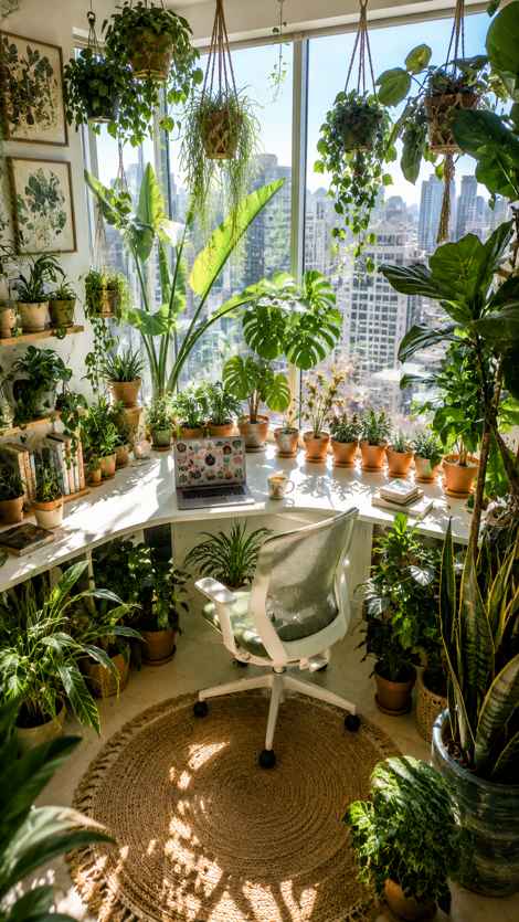 A bright urban jungle-style workspace filled with lush indoor plants and natural sunlight streaming through floor-to-ceiling windows overlooking a city skyline. The white curved desk features a laptop, coffee mug, and ergonomic chair surrounded by hanging planters, tropical plants, and botanical artwork. Warm natural textures and abundant greenery create a vibrant, refreshing atmosphere inspired by indoor gardening and biophilic design.