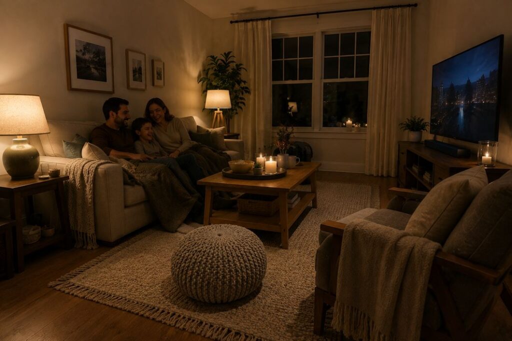 Ultra-realistic cozy living room at night with a family relaxing together on a soft sofa, warm ambient lighting from lamps and candles, layered blankets and textures, natural wood furniture, indoor plants, and a calm welcoming atmosphere focused on comfort and togetherness.