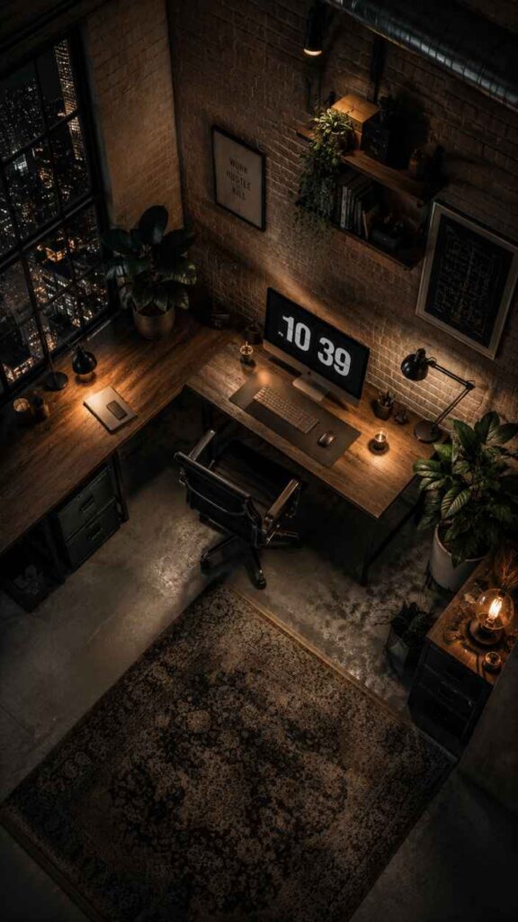 A moody industrial-style home office viewed from above, featuring exposed brick walls, dark wood L-shaped desks, and warm ambient lighting. The workspace includes a desktop computer, black office chair, desk lamps, indoor plants, floating shelves, and vintage-inspired decor. Large factory-style windows reveal city lights at night, creating a sophisticated urban loft atmosphere with dark earthy tones and modern industrial aesthetics.