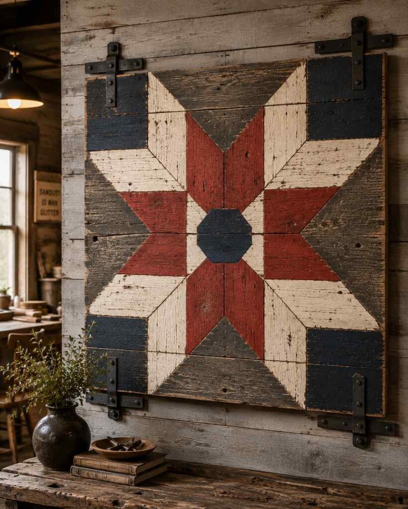 Large handcrafted barn quilt wall panel made from reclaimed timber planks, featuring a traditional LeMoyne Star pattern in weathered barn red, antique white, and deep navy tones. Mounted on a rustic shiplap wall with forged iron brackets, the piece showcases aged wood grain, nail-hole details, and farmhouse-inspired craftsmanship.