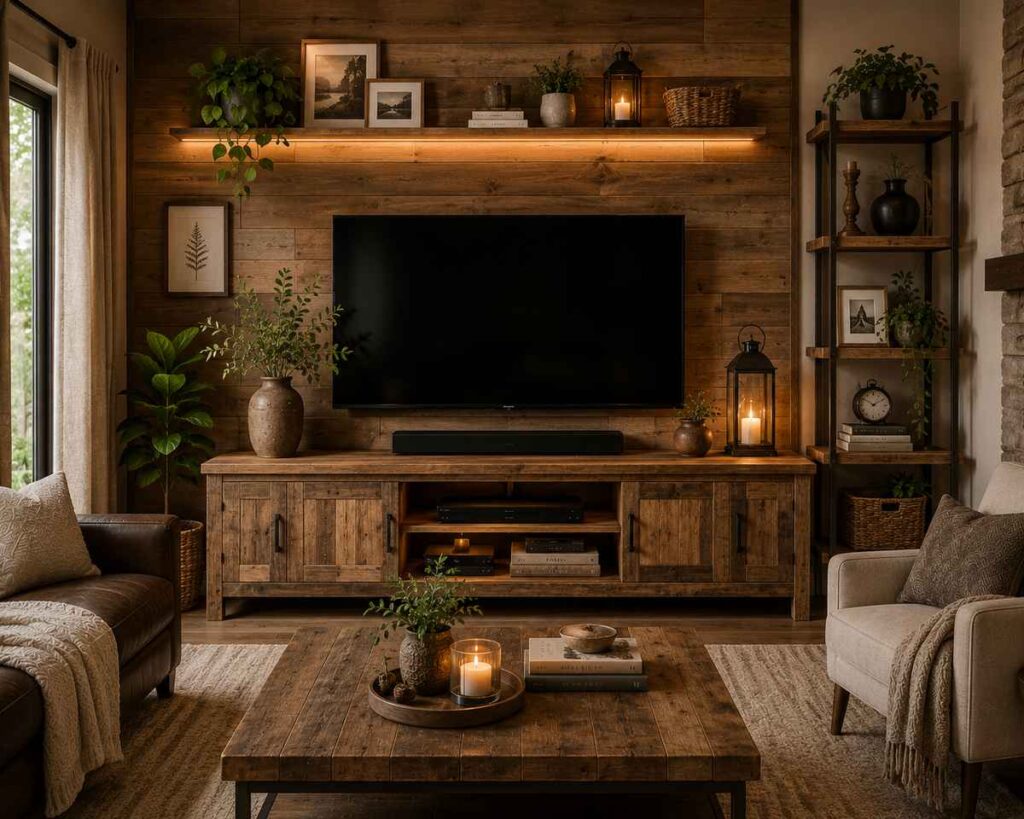 Rustic wooden TV console design with reclaimed wood entertainment unit, warm ambient lighting, farmhouse style décor, indoor plants, and cozy modern rustic living room interior.