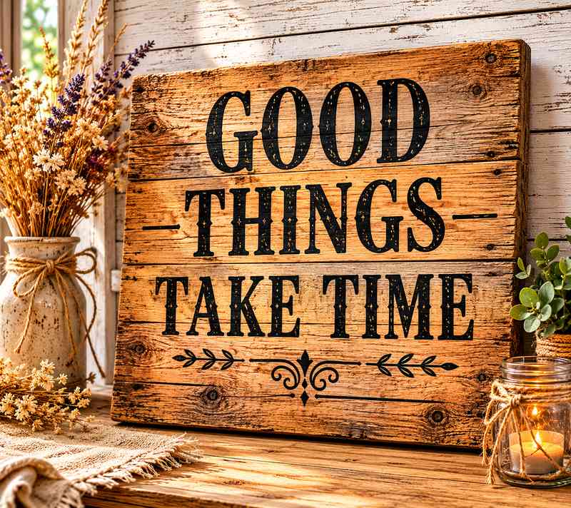 Rustic wooden sign reading “GOOD THINGS TAKE TIME” with black stencil lettering, displayed against a white farmhouse wall with dried flowers and soft natural light.
