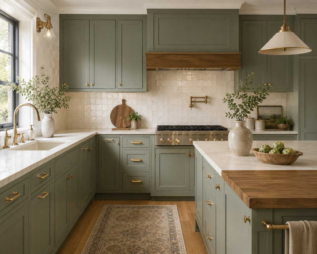 A highly realistic kitchen featuring soft sage green Shaker-style cabinets with unlacquered brass hardware, warm white countertops, and cream zellige tile backsplash. The design includes butcher block accents, a large island with natural wood detailing, brass fixtures, warm ambient lighting, and organic decor elements that create a cozy modern farmhouse atmosphere.