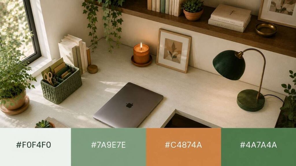 A cozy home office corner with a light-colored desk, closed laptop, green desk lamp, and natural decor. The space includes hanging plants, books, a lit candle, and woven desk organizers, creating a calm earthy aesthetic with sage green and terracotta accents. A color palette below displays the hex codes: #F0F4F0, #7A9E7E, #C4874A, and #4A7A4A.